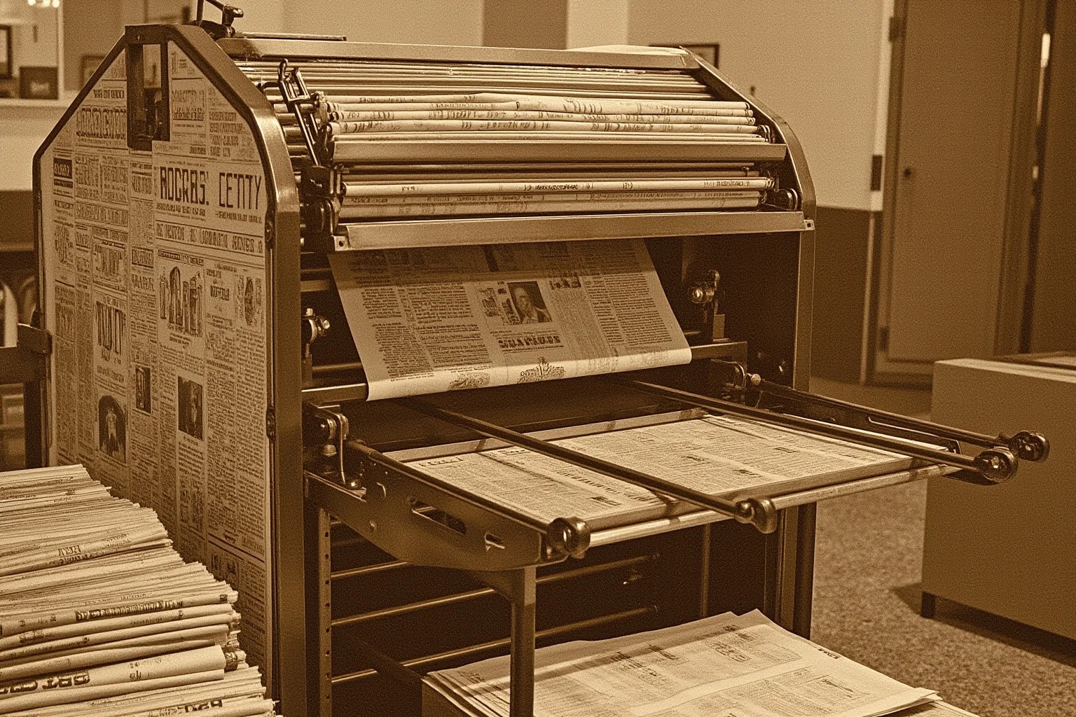 A vintage 1930s newspaper printing press with headlines, stacks of papers, warm sepia historical illustration