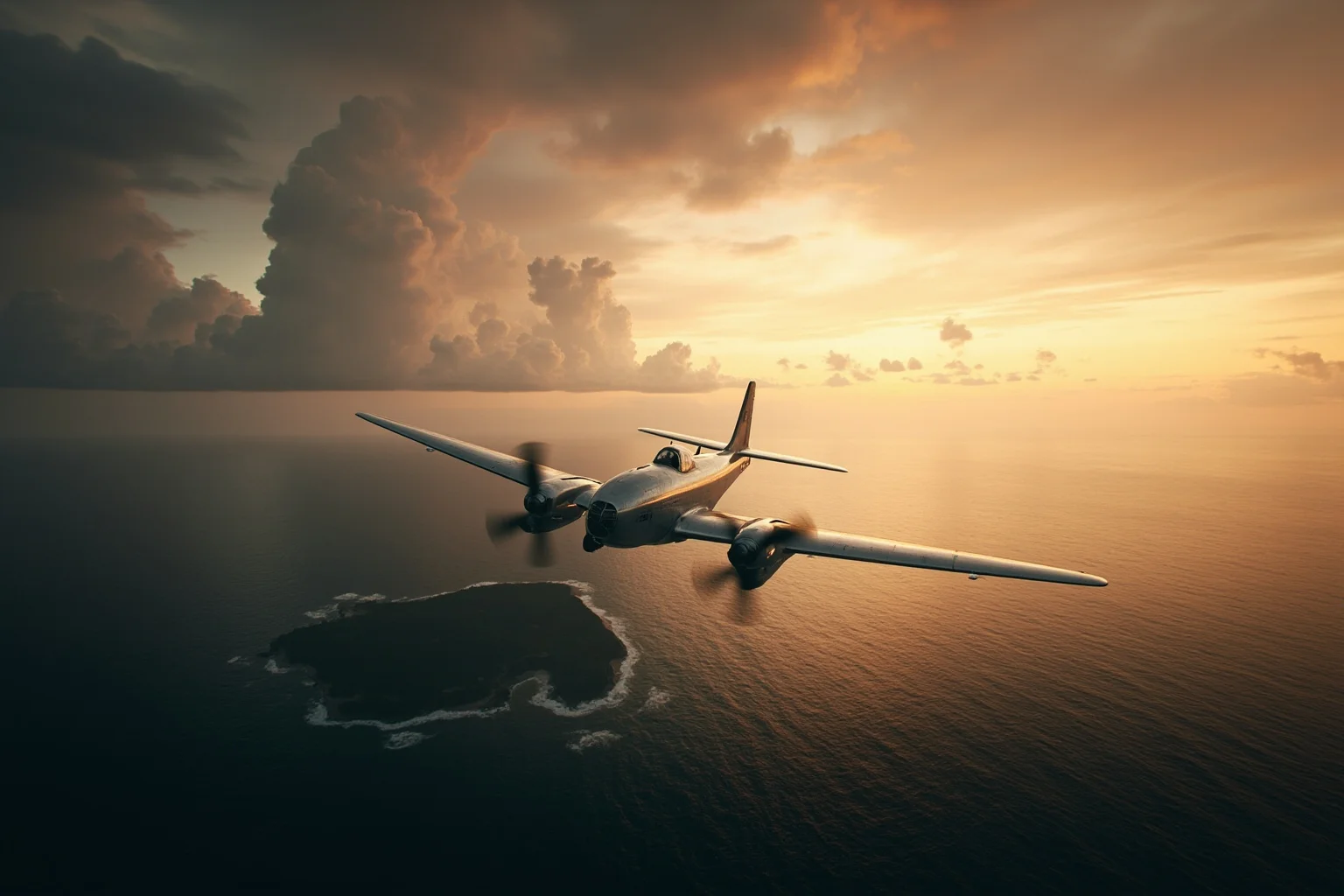 Scariest Missing Persons Cases in History: 20 Creepy Disappearances That Still Baffle Us 6 A vintage 1930s silver airplane flying over a vast Pacific Ocean at sunset, a tiny island in the distance, dramatic clouds, aviation mystery mood.