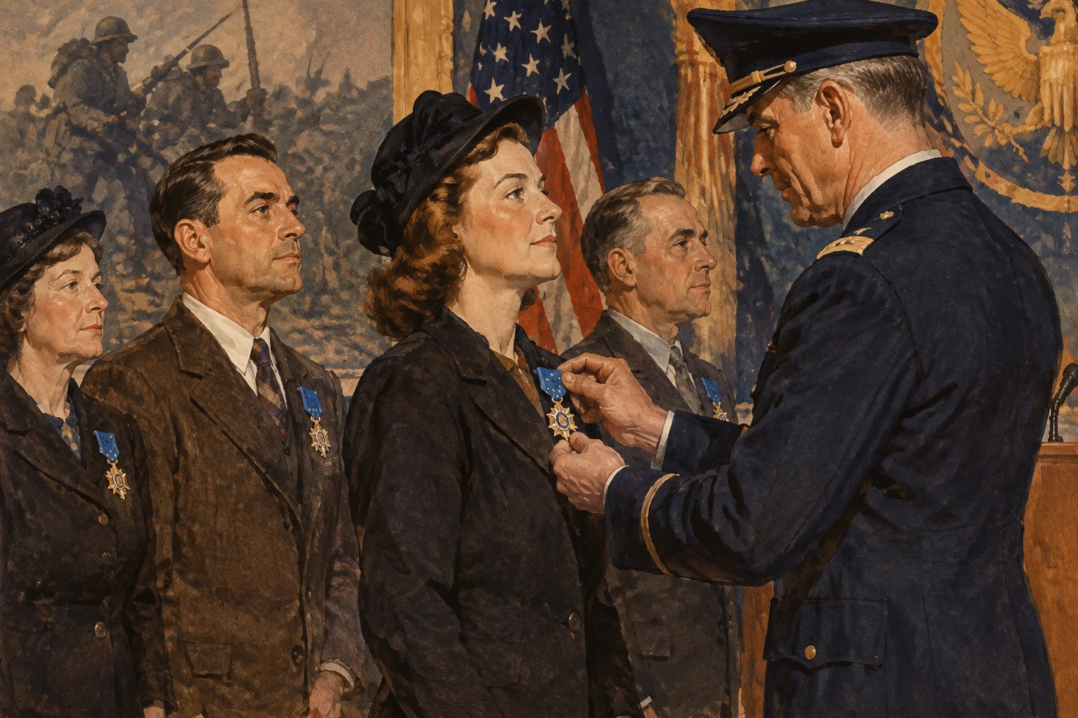 The Hidden Meaning Behind America's Highest Civilian Award 2 A vintage 1945-era illustration of civilians receiving wartime service medals in a formal ceremony, evoking the original Medal of Freedom's World War II origins.