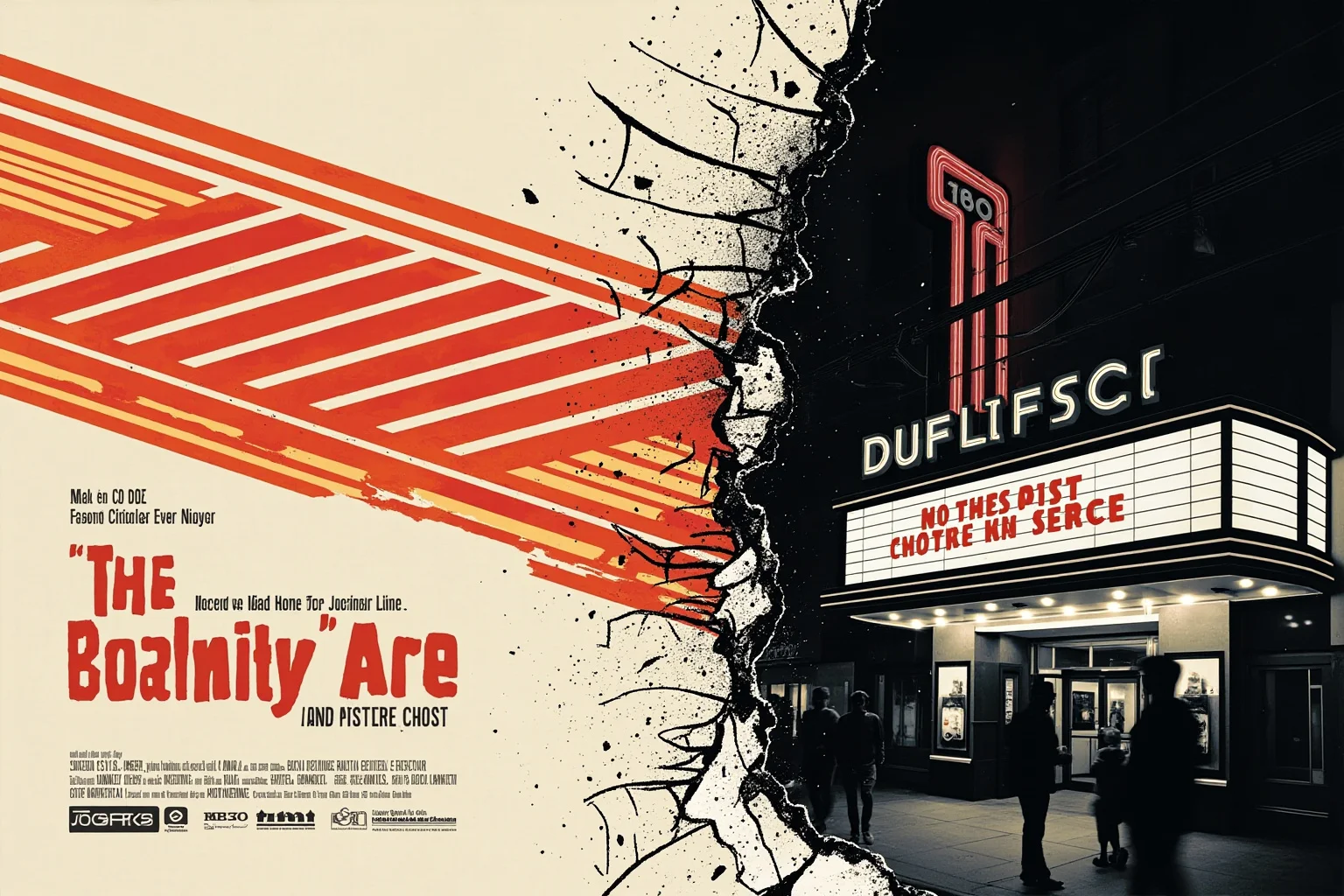 A vintage 1964 film poster concept with a theater marquee and abstract broken color line, no real faces.