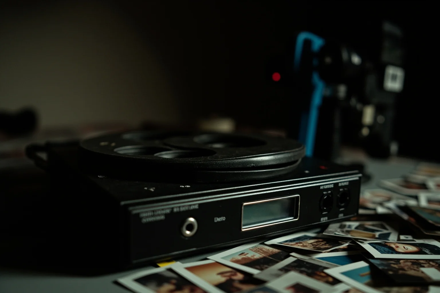 A vintage 1970s videocassette recorder and camera equipment on a table, surrounded by scattered photographs, moody lighting, evoking a hidden secret life.