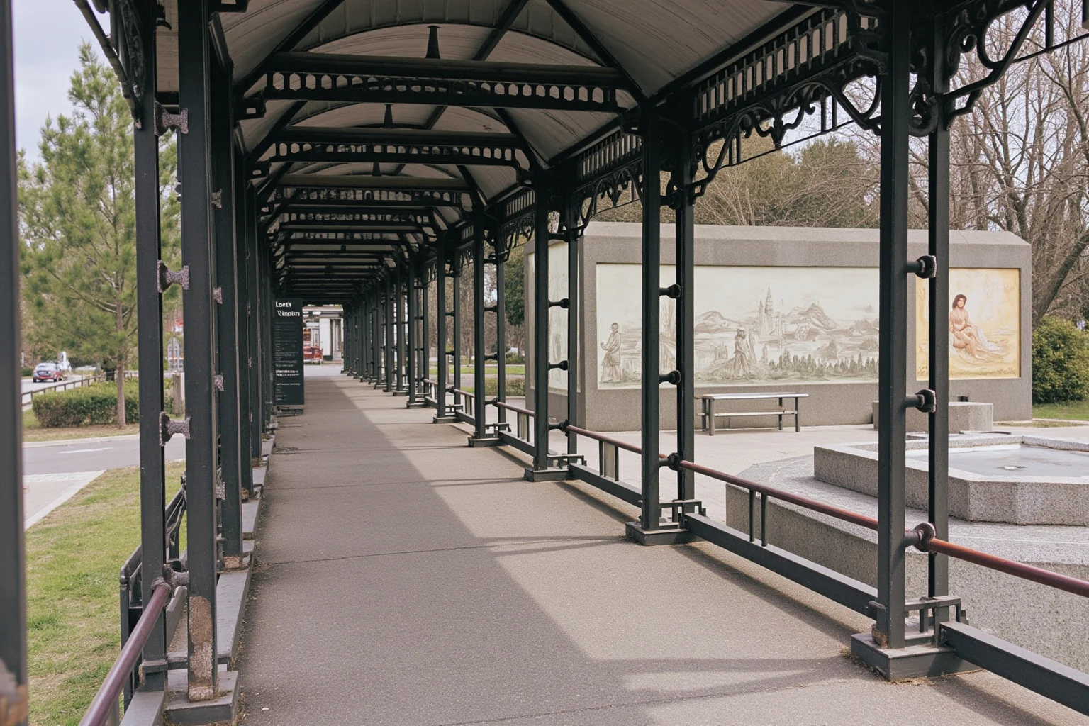 A vintage bus station water fountain area with separate spaces, soft historical illustration, no explicit signs.