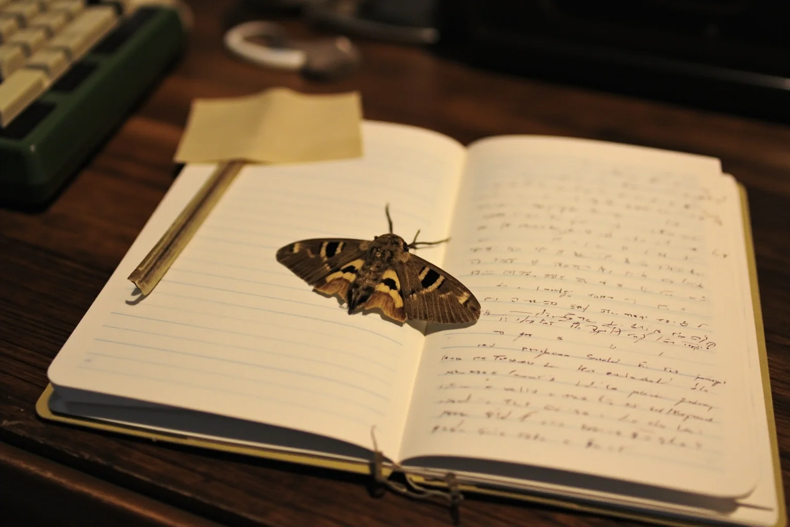 A vintage computer logbook with a taped moth and handwritten notes, 1940s desk scene