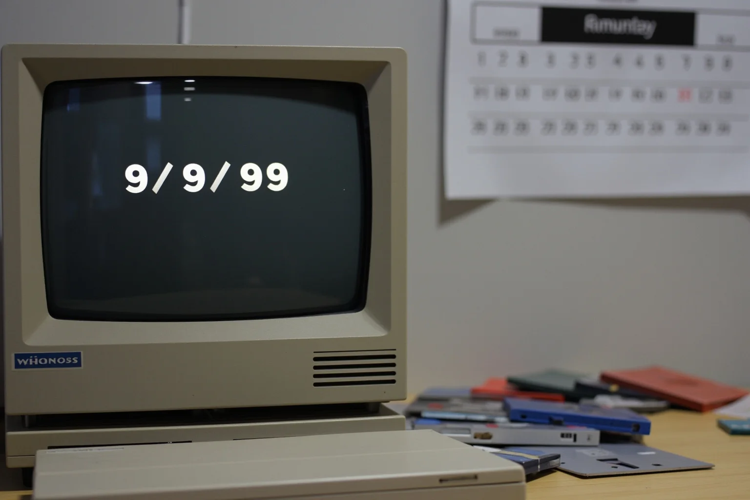 A vintage desktop computer with a CRT monitor showing a date field reading 9/9/99, surrounded by floppy disks and a wall calendar