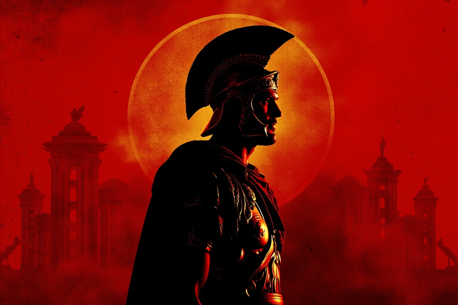 A vintage film poster style image of a Roman emperor silhouette, dramatic red and gold, cinematic