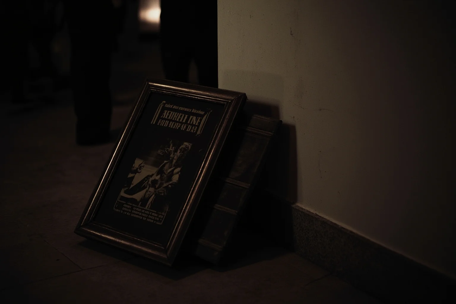 A vintage film reel and an old movie poster frame leaning against a wall in a dim cinema lobby, suggesting decades of flawed adaptations, cinematic shadows, no recognizable faces