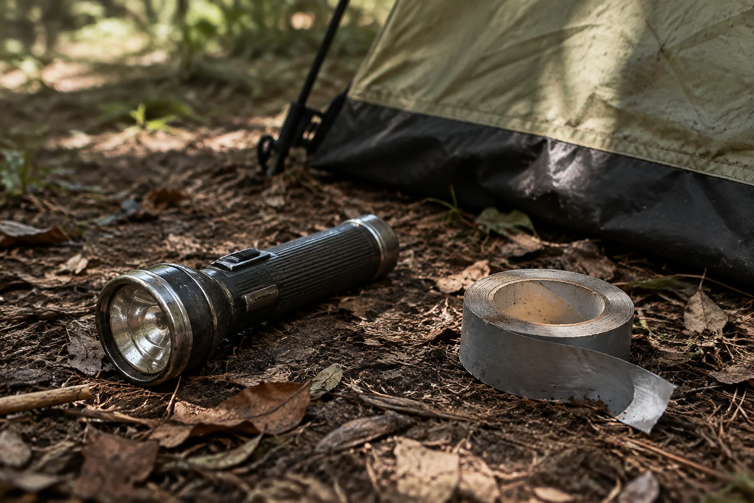 The Horrifying Camp Scott Incident That Still Haunts Oklahoma 3 A vintage flashlight and roll of tape lying on the ground near a tent, symbolizing evidence.