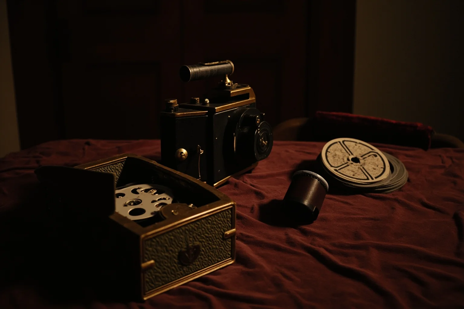 Facts You Didn't Know About Queen Elizabeth II, the World's Second-Longest Reigning Monarch 9 A vintage home movie camera and film reels on a velvet table in a royal drawing room, nostalgic tone