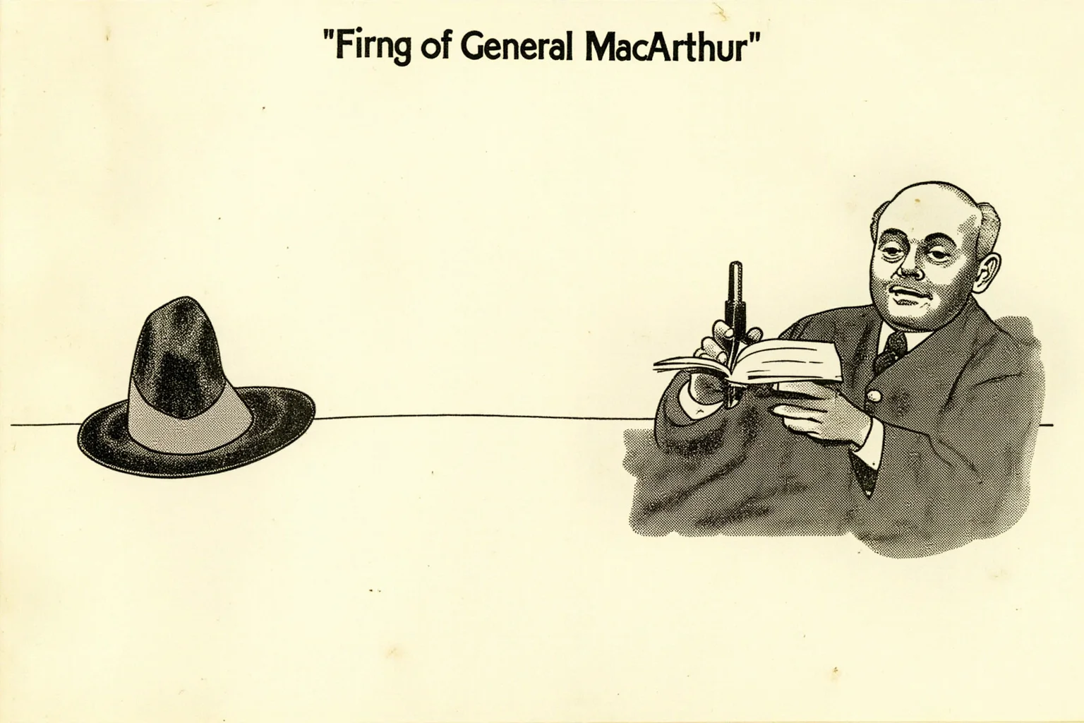 A vintage illustration of a general's hat and a president's desk symbolically separated by a line, representing the firing of General MacArthur.