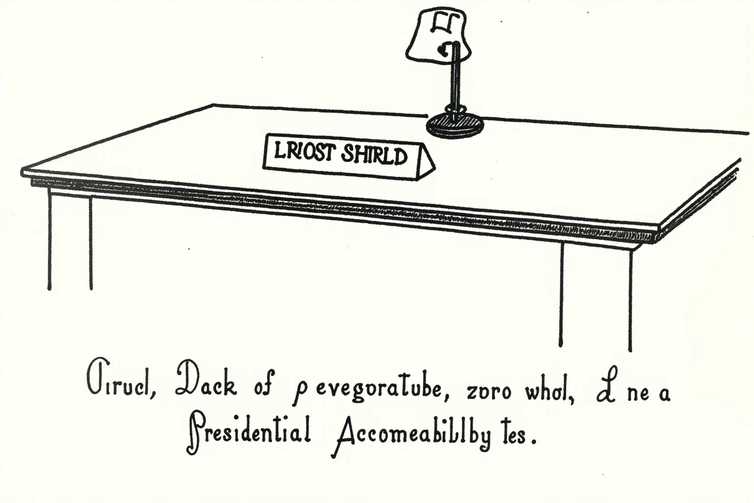 A vintage illustration of a plain wooden desk with a nameplate and a single lamp, representing presidential accountability.