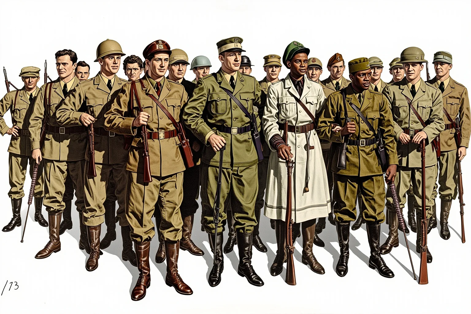 A vintage illustration of diverse soldiers standing together in formation, representing the desegregation of the U.S. military in 1948.
