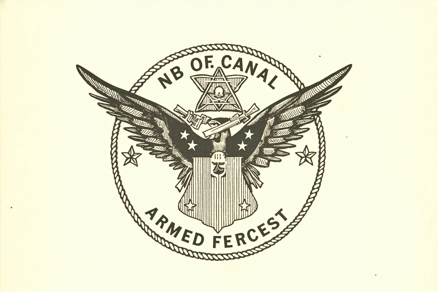 A vintage illustration of unified military branches with a single shield emblem, representing the National Security Act and armed forces unification.
