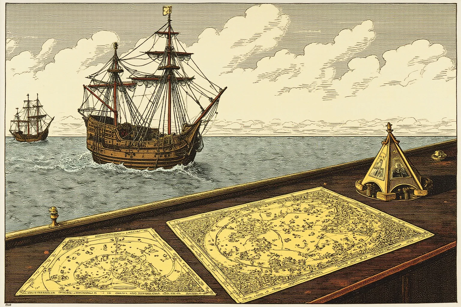 The Craziest Examples of the Butterfly Effect Throughout History 17 A vintage map-and-ship illustration of a 15th-century caravel crossing unfamiliar Atlantic waters, an astrolabe and miscalculated charts on the captain's table in the foreground.