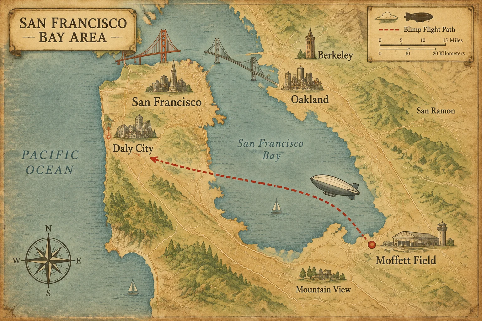 Ghost Blimp 1942: The WWII Blimp That Landed in San Francisco Without a Crew 10 A vintage map of the San Francisco Bay Area with a dotted flight path of a blimp from Moffett Field to Daly City.