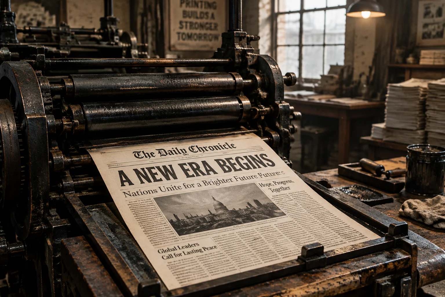 A vintage newspaper printing press with a printed page showing a dramatic headline, textured industrial atmosphere