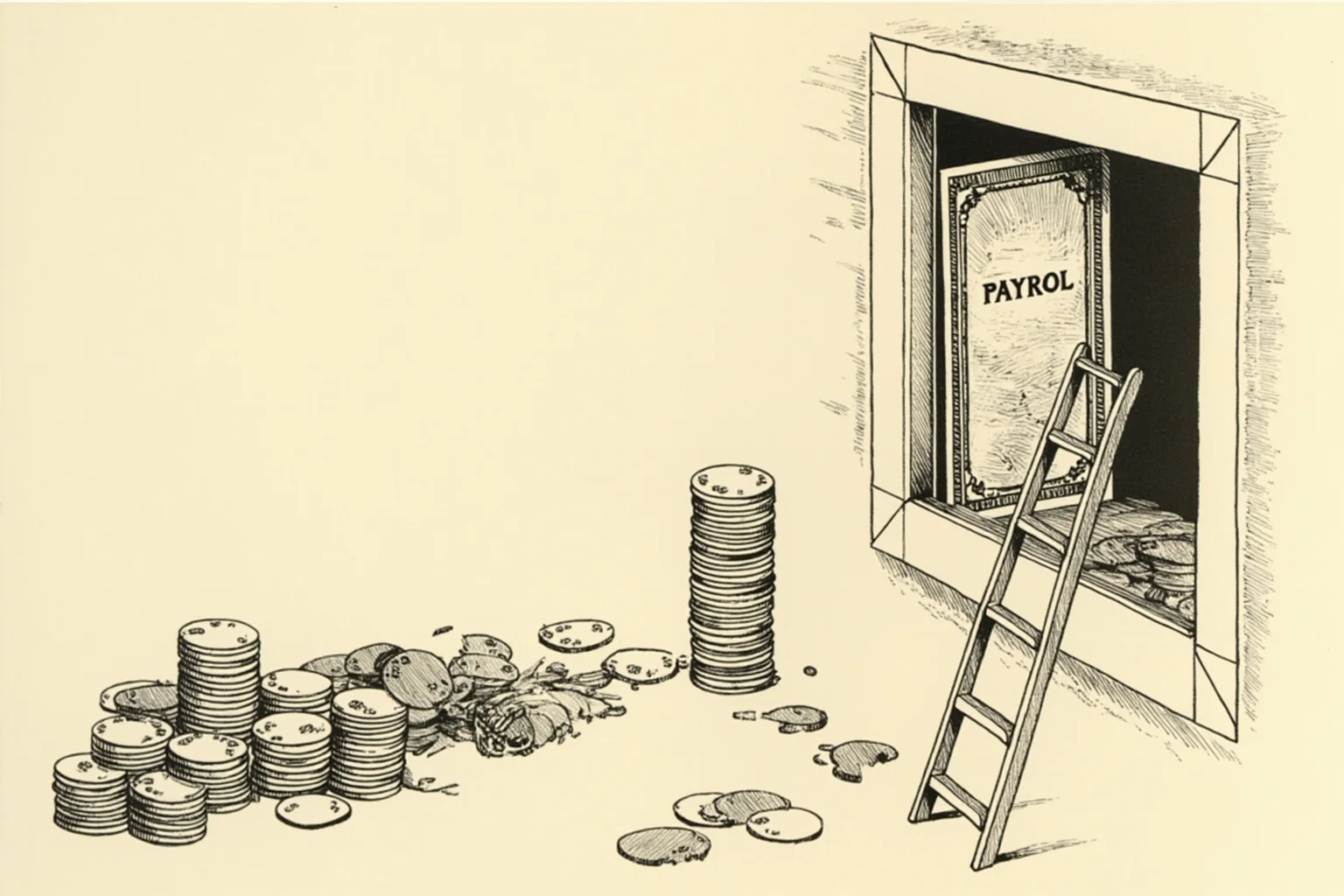 A vintage payroll window and stacked coins with a broken ladder, symbolic economic illustration, no people.