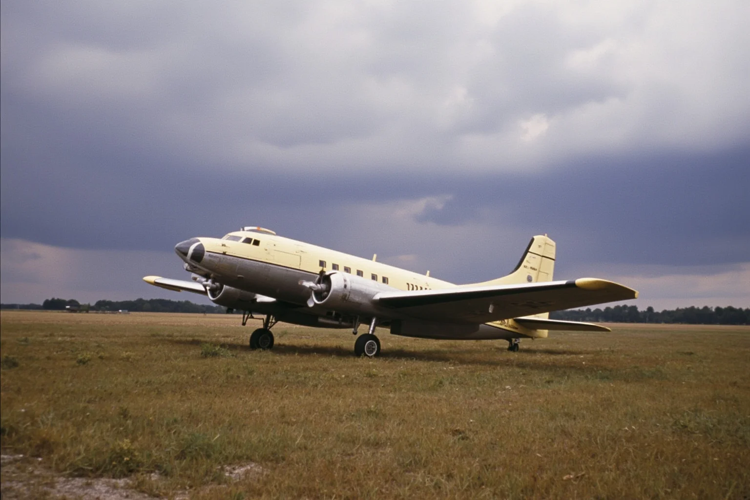 A vintage Piper Comanche airplane in a rural field with storm clouds gathering, 1960s Tennessee landscape, muted earth tones