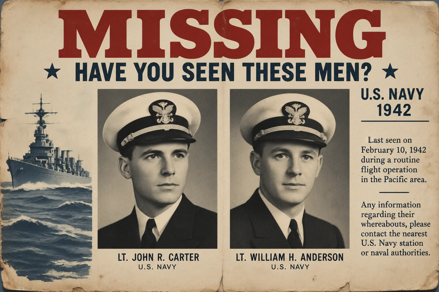 Ghost Blimp 1942: The WWII Blimp That Landed in San Francisco Without a Crew 21 A vintage poster asking for information about two missing Navy officers, with their portraits, 1942.