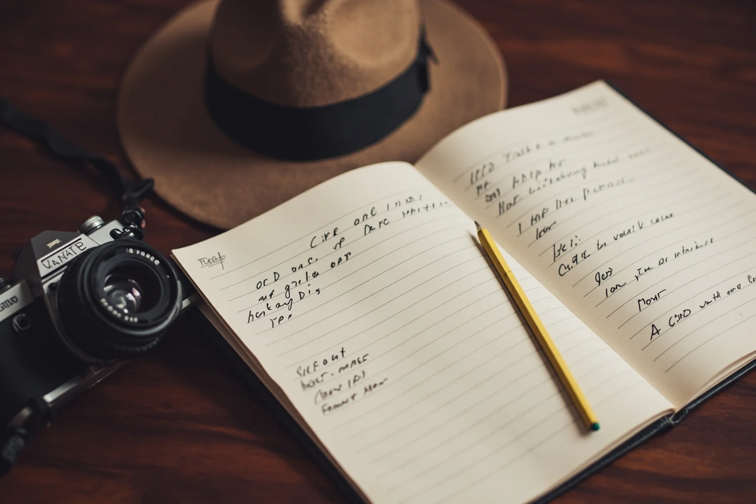 A vintage reporter's fedora and 1950s camera with a notebook open to handwritten observations, no person.