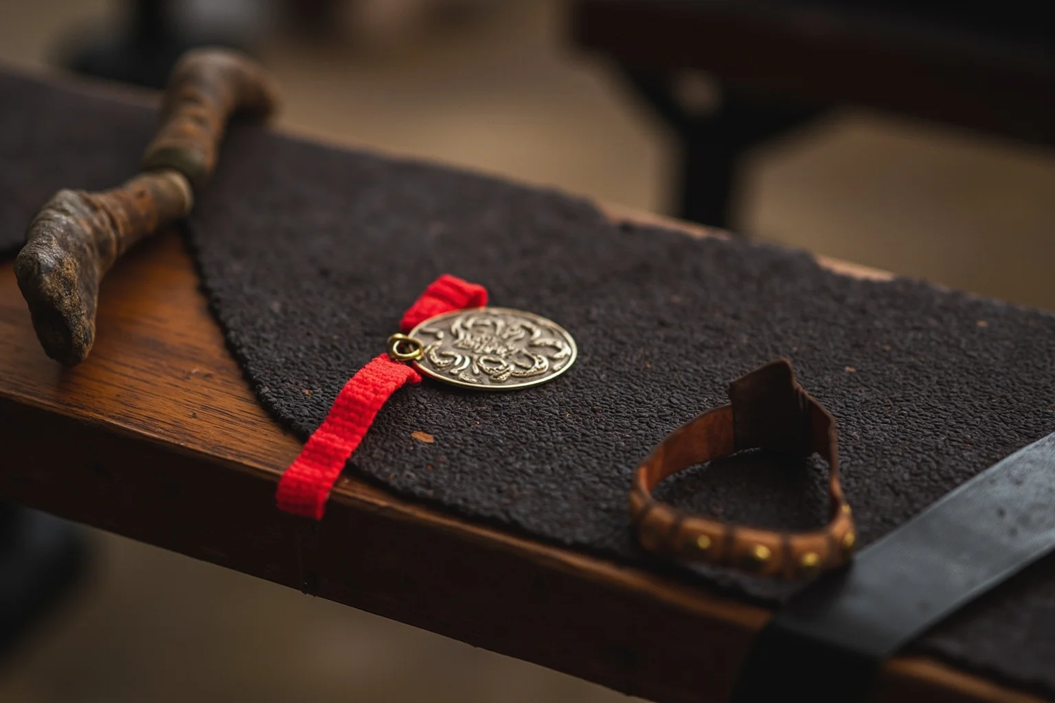 A vintage wrestling medal and old leather gym equipment on a wooden bench, no people.