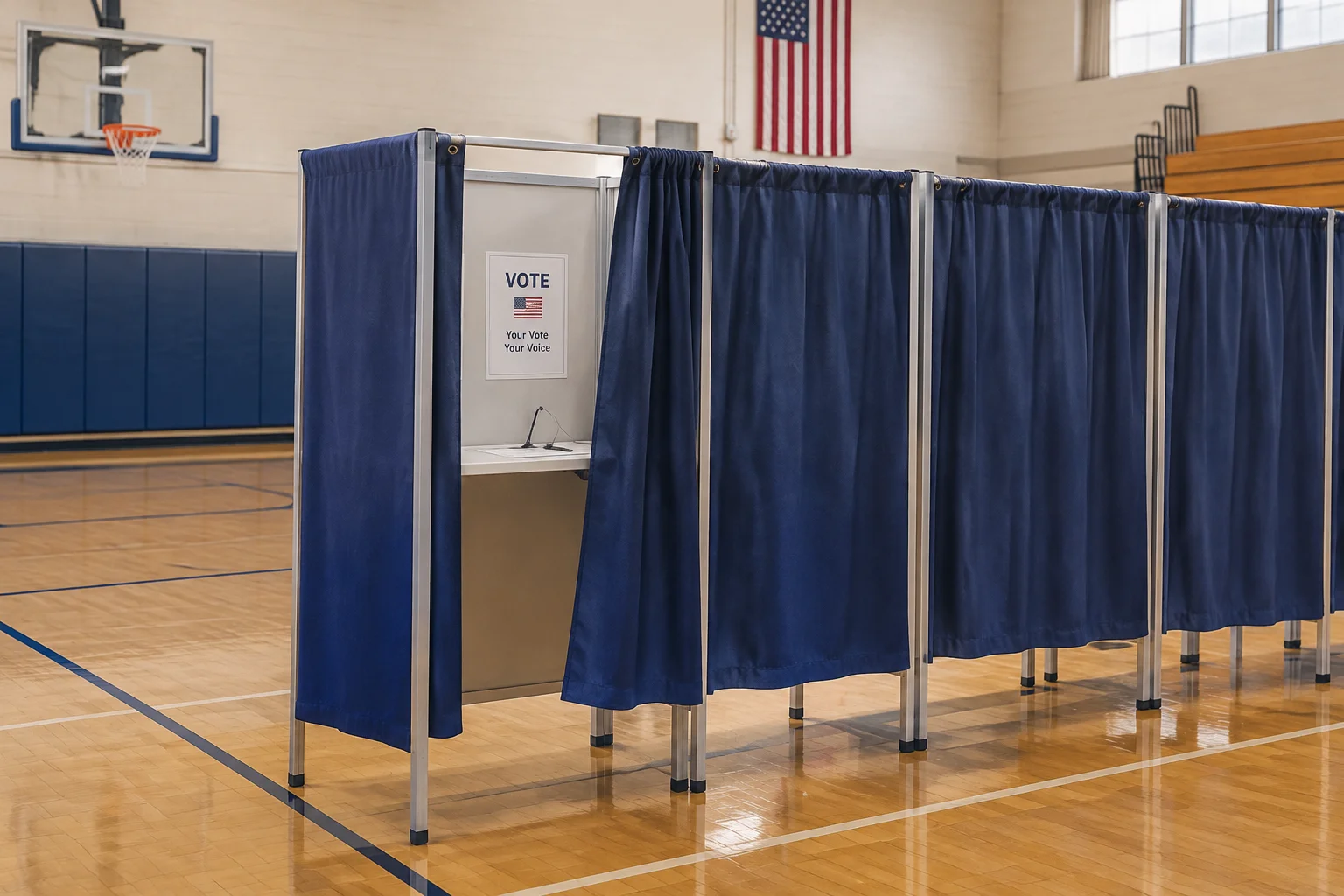 The Election Decided By A Dead Man: The True Story of Missouri's 2000 Senate Race 13 A voting booth curtain partly drawn open in a school gymnasium, generic and empty, soft overhead light.