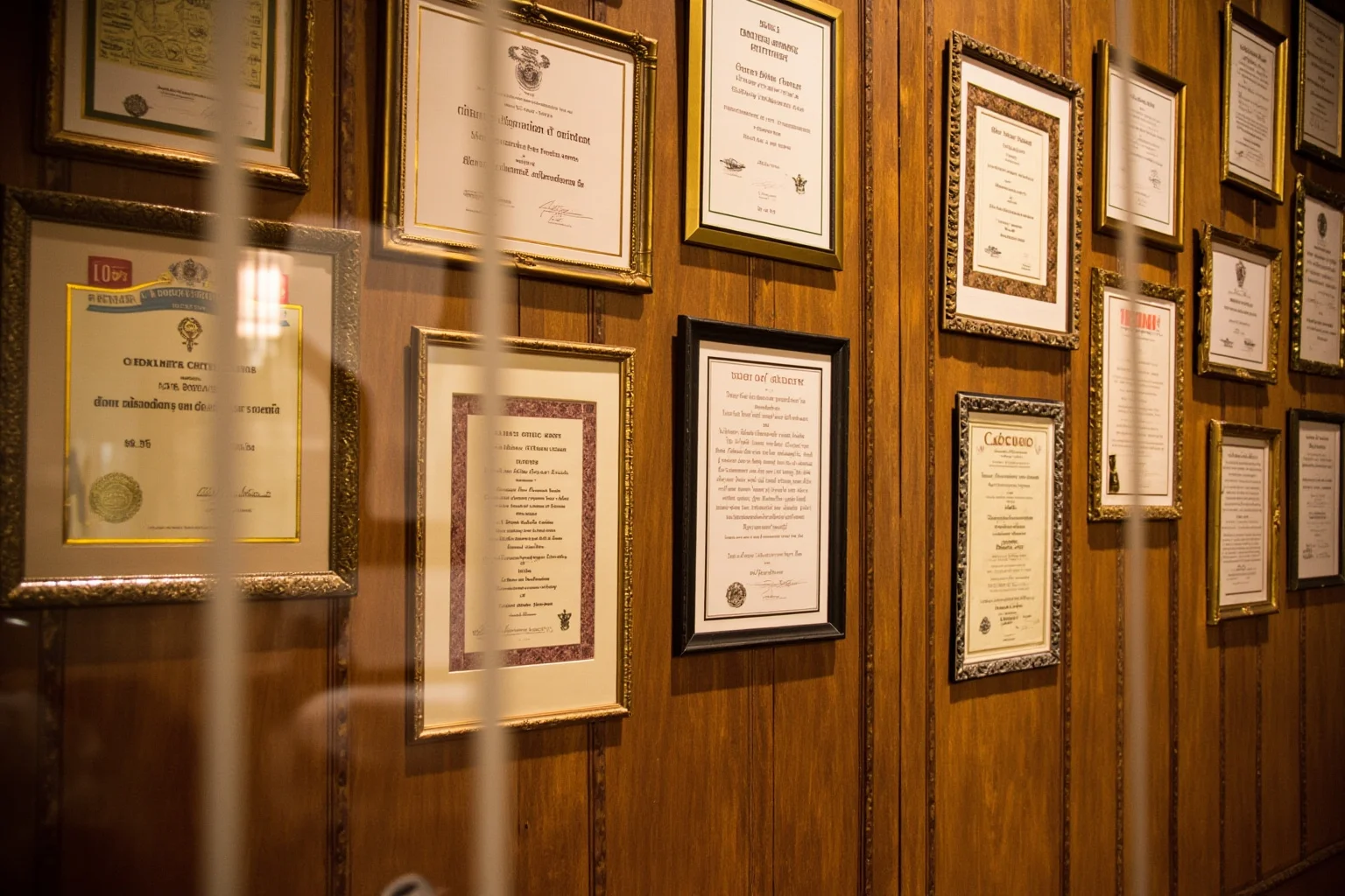 Facts You Didn't Know About Queen Elizabeth II, the World's Second-Longest Reigning Monarch 14 A wall of framed charity patron certificates in a palace office, warm wood and gold frames