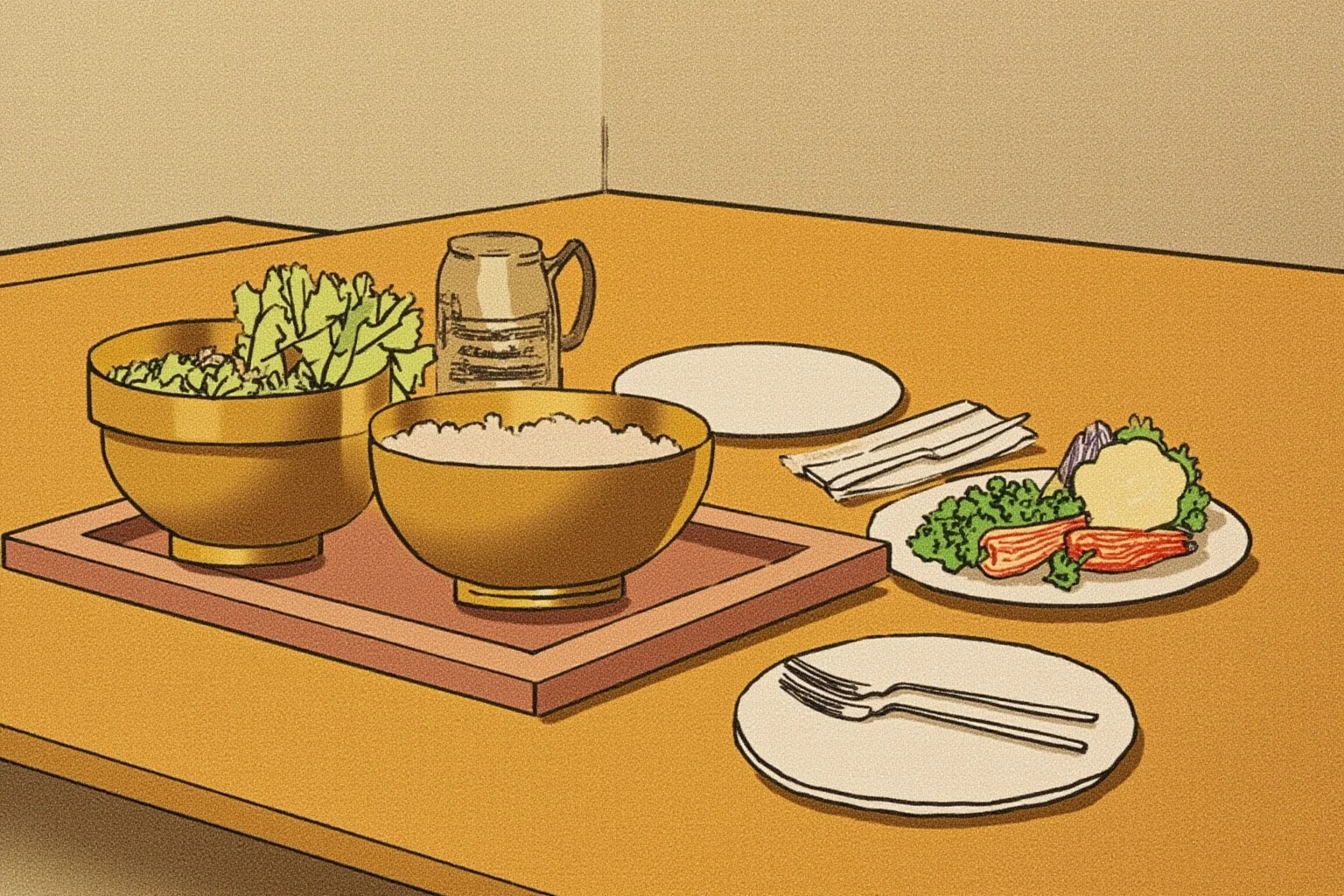 20 Little-Known Facts About Mahatma Gandhi 4 A warm illustration of a simple vegetarian meal on a wooden table in an early 20th-century ashram, brass bowls and fresh vegetables, calm mood.