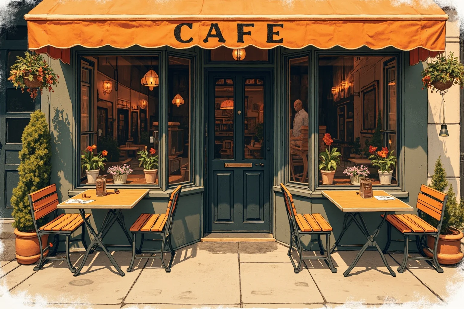 A warm vintage illustration of a Black-owned café with a welcoming door and simple tables, no people.