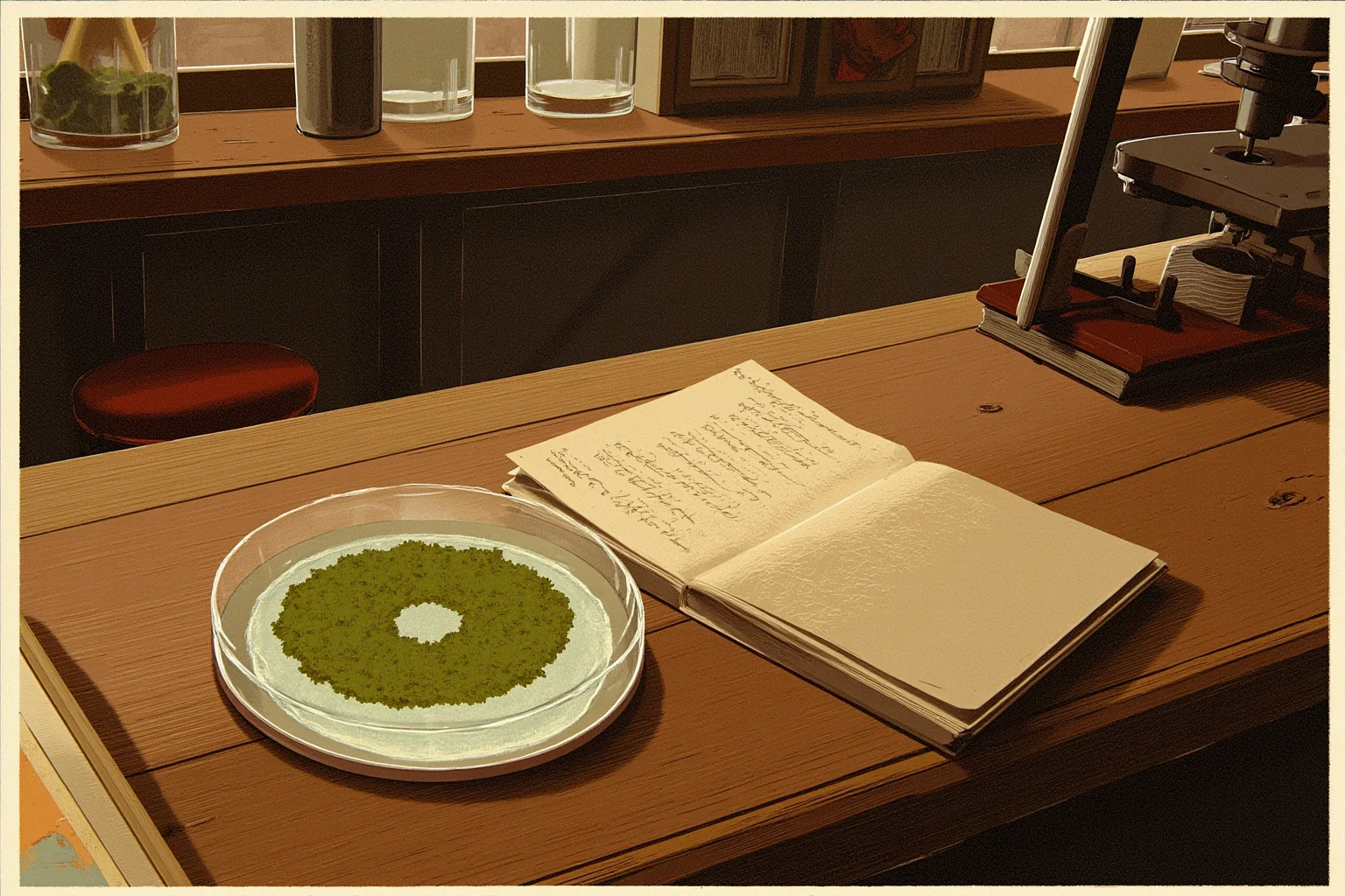 The Craziest Examples of the Butterfly Effect Throughout History 8 A warm, vintage laboratory illustration of a petri dish on a cluttered 1928 wooden bench, mold growing in a ring, with an old microscope and notebooks nearby.