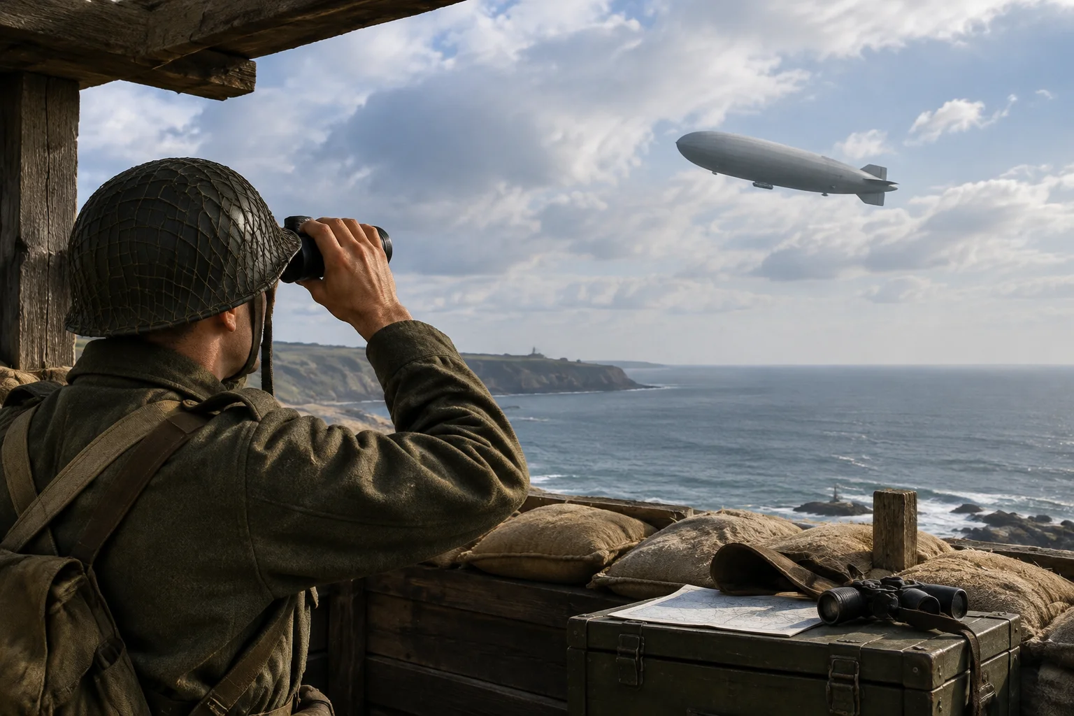 Ghost Blimp 1942: The WWII Blimp That Landed in San Francisco Without a Crew 20 A wartime coastal lookout scanning the sky with binoculars, spotting a low-flying blimp.