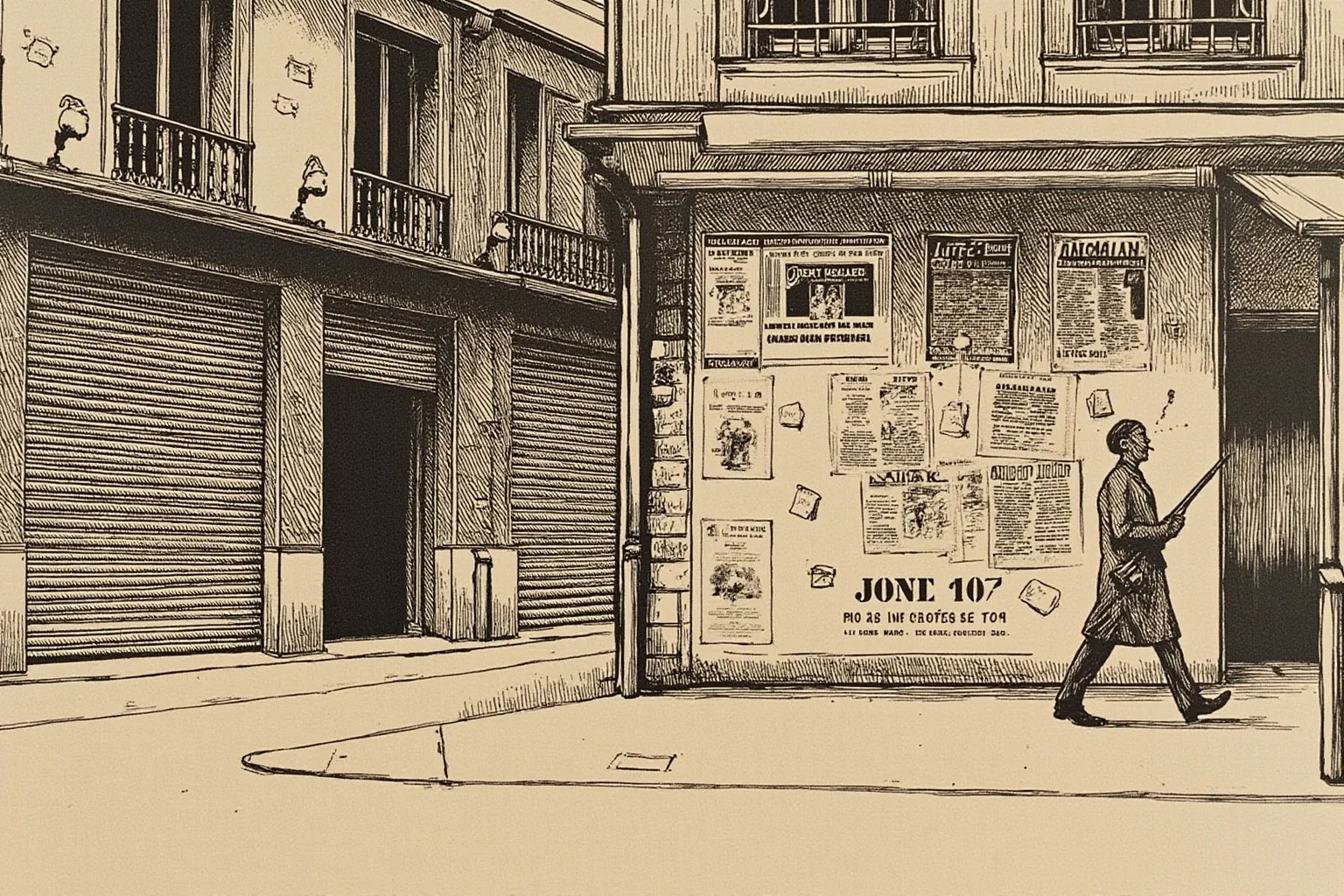 A wartime Paris street in 1944 with shuttered windows and a lone figure walking by a wall of old posters, muted sepia illustration