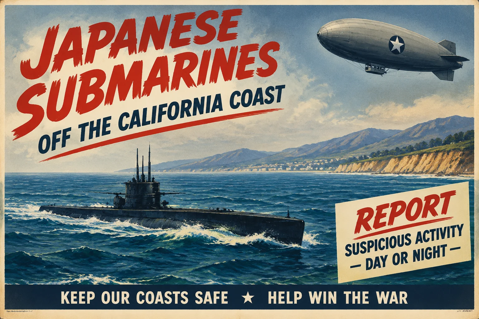 Ghost Blimp 1942: The WWII Blimp That Landed in San Francisco Without a Crew 7 A wartime poster warning of Japanese submarines off the California coast, 1942, with a blimp patrolling above.
