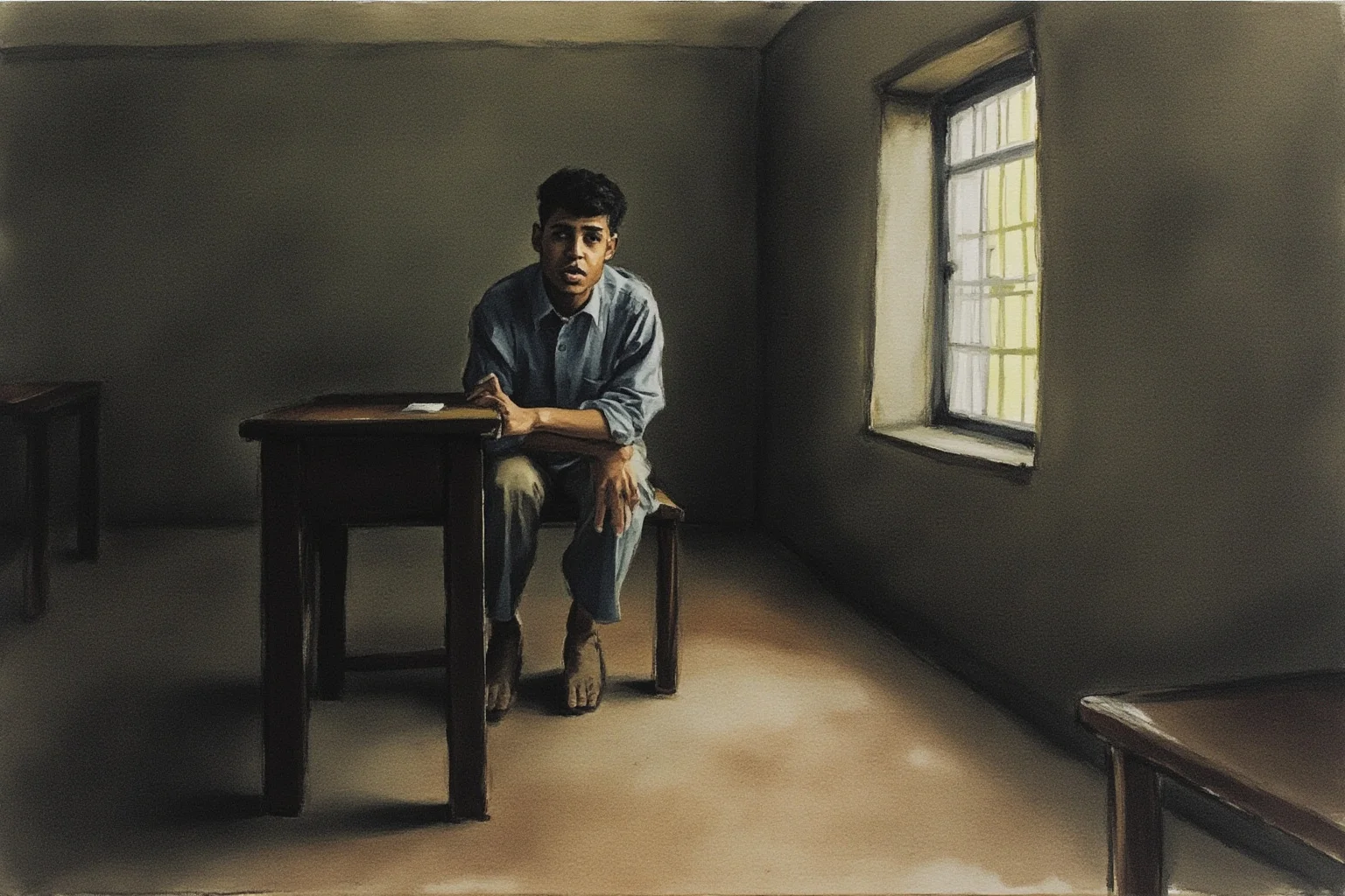 20 Little-Known Facts About Mahatma Gandhi 2 A watercolor painting of a shy young man sitting alone in a dim classroom in colonial-era India, soft light through a window, modest and nervous mood.
