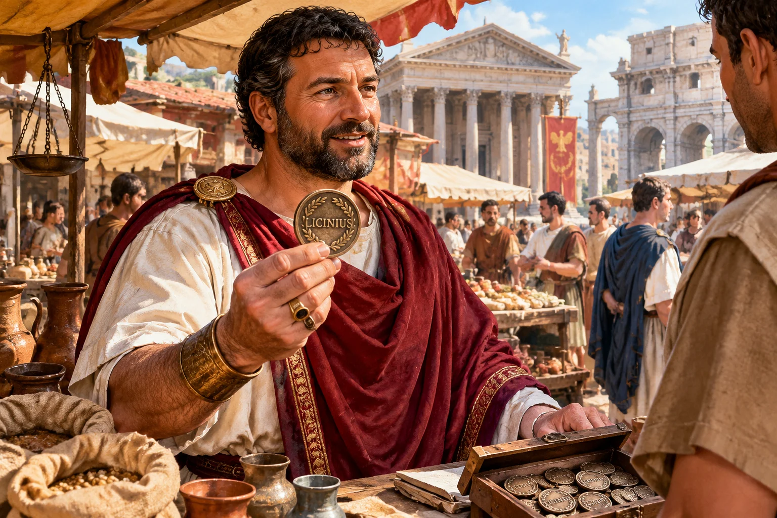 23 Best Roman Names: Ancient Rome's Most Popular Names 18 A wealthy Roman merchant in a market with the name Licinius on a trade token, ancient Rome, illustration