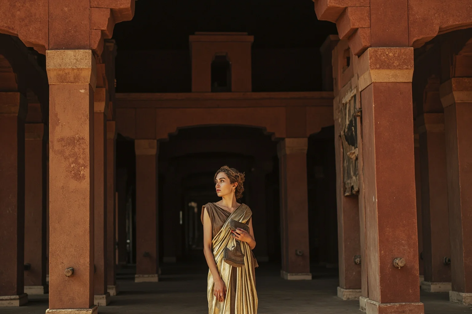 Yes, Female Gladiators Existed — And Here's Everything You Need to Know About Them 9 A wealthy Roman woman in an elegant stola standing at the entrance to a gladiator training school, looking determined