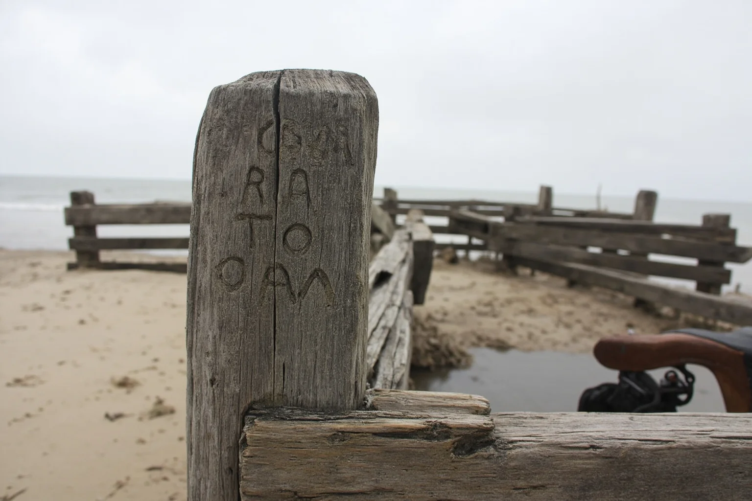 A weathered wooden palisade post on a sandy coastal island with the word CROATOAN roughly carved into it, overcast sky, 16th-century atmosphere