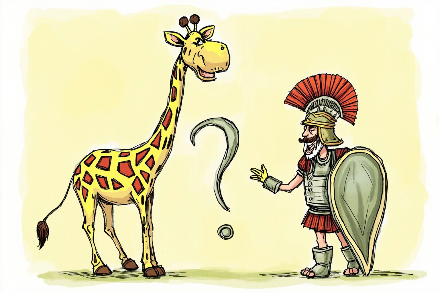 Yes, Female Gladiators Existed — And Here's Everything You Need to Know About Them 22 A whimsical illustration of a giraffe standing next to a female gladiator with a large question mark between them, representing the modern phrase