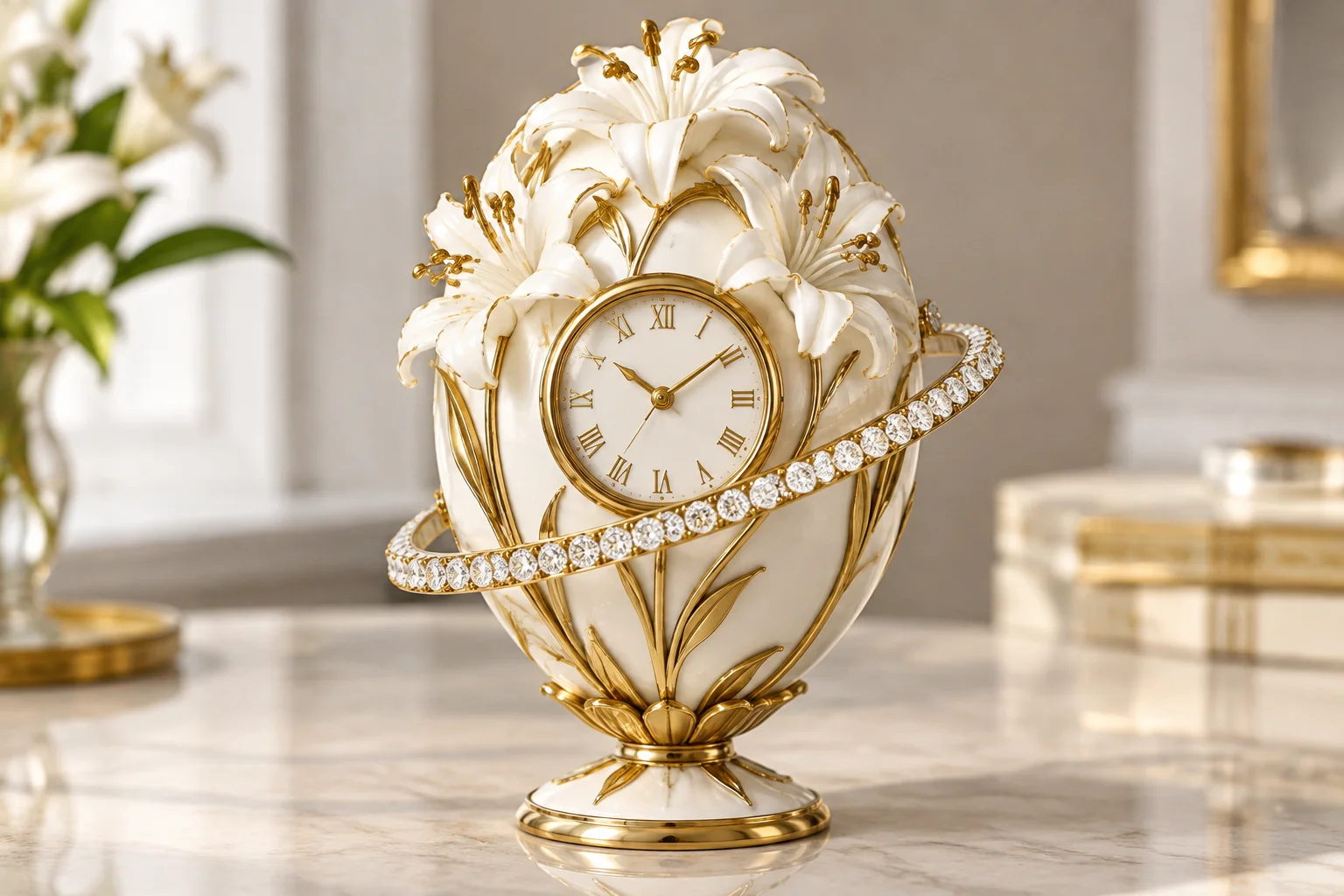 A white and gold egg shaped like a bouquet of lilies, with a clock face and a rotating ring of diamonds.