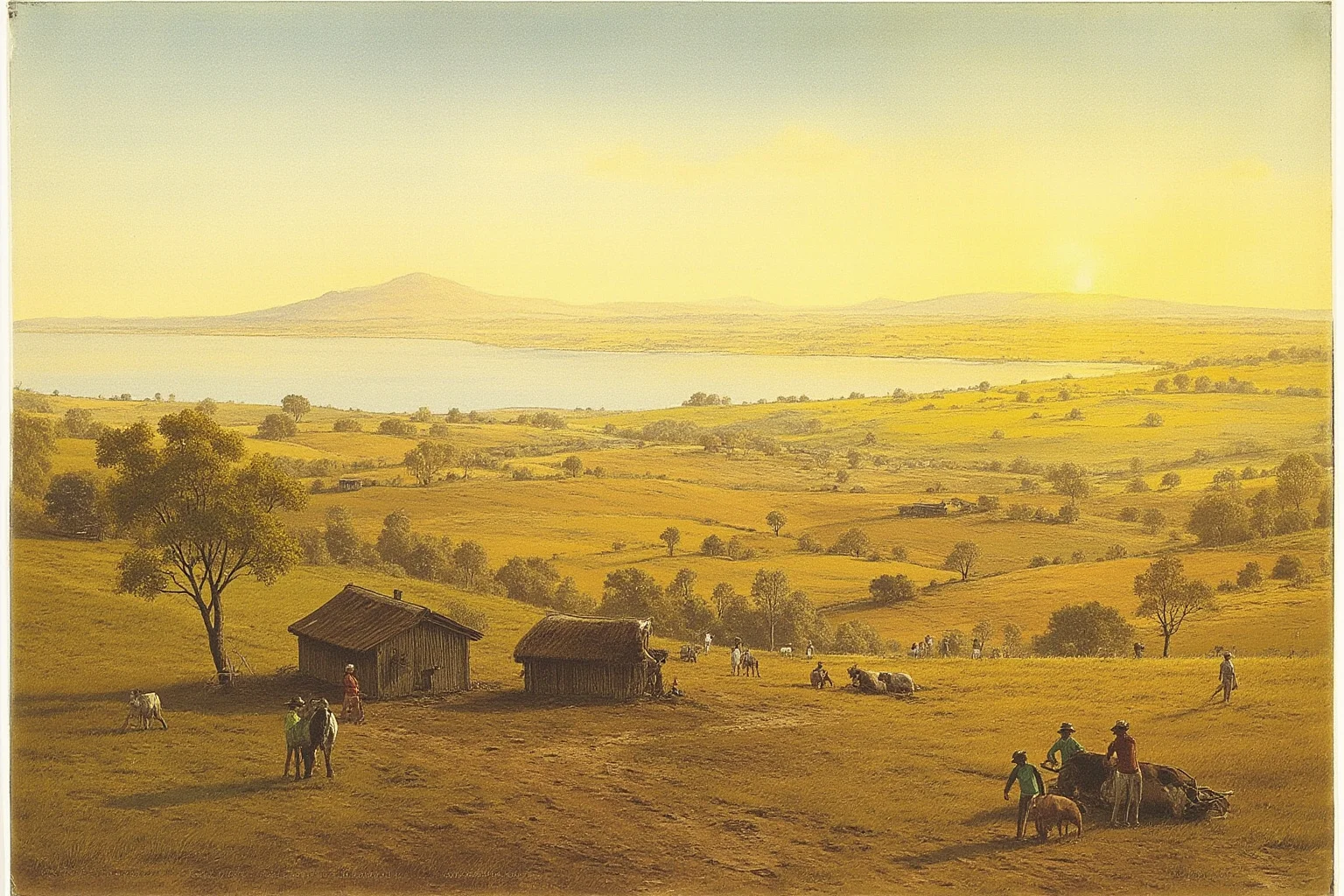 20 Little-Known Facts About Mahatma Gandhi 7 A wide landscape illustration of a South African farm colony in the early 1900s with simple huts, people working in fields, golden afternoon light.