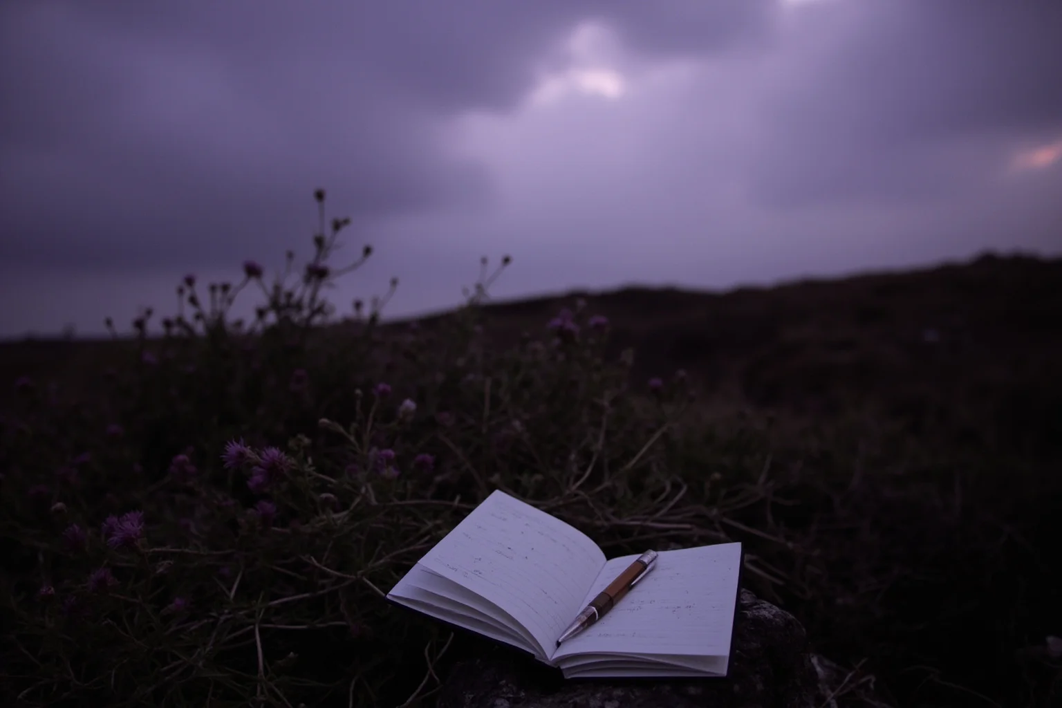 A windswept moor at dusk with a small open notebook and pencil resting on a stone, heather bending in the wind, moody purple and grey sky.