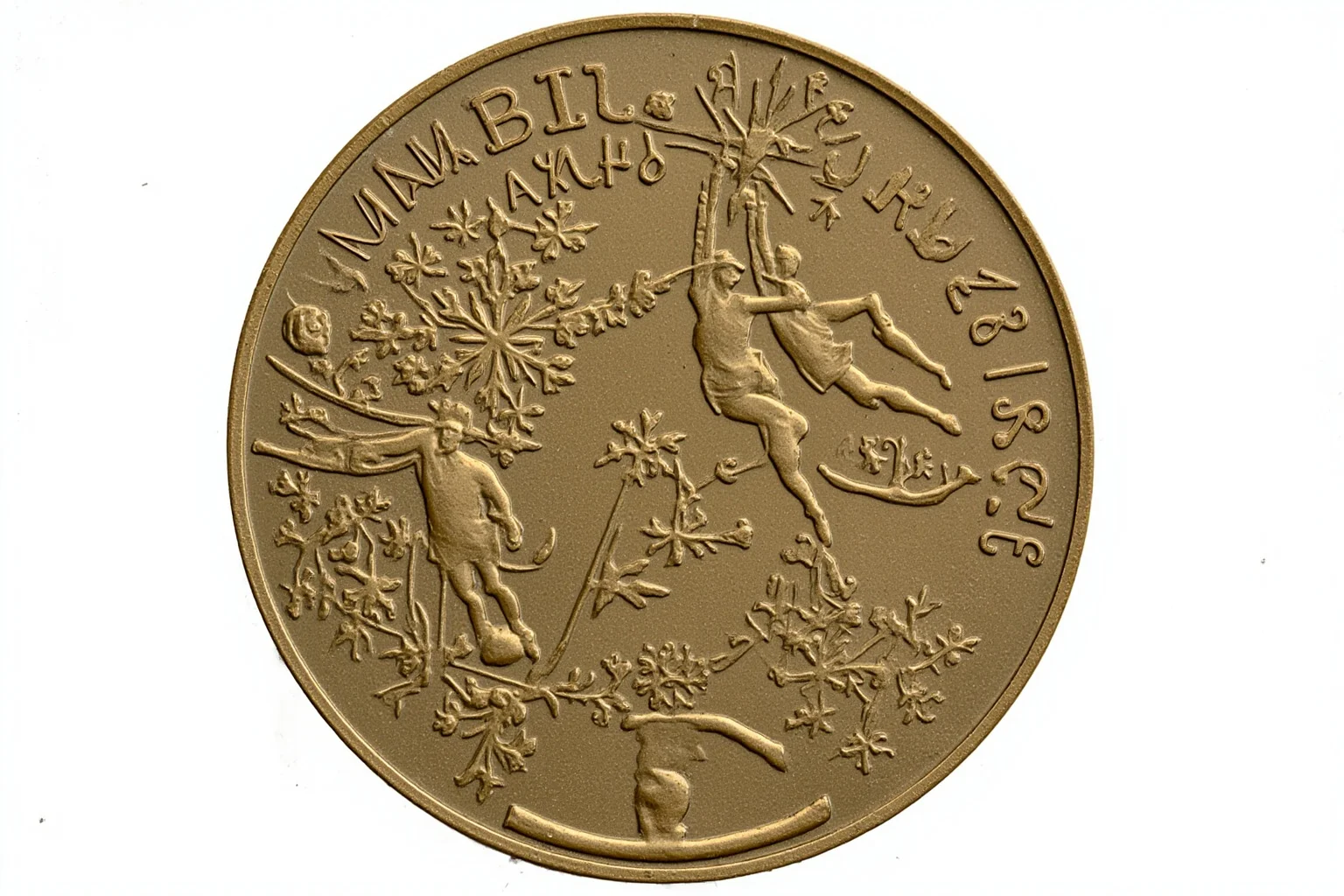 The Weird History of Olympic Medal Designs 5 A Winter Olympic medal from the 1920s featuring snowflakes and winter sports scenes.