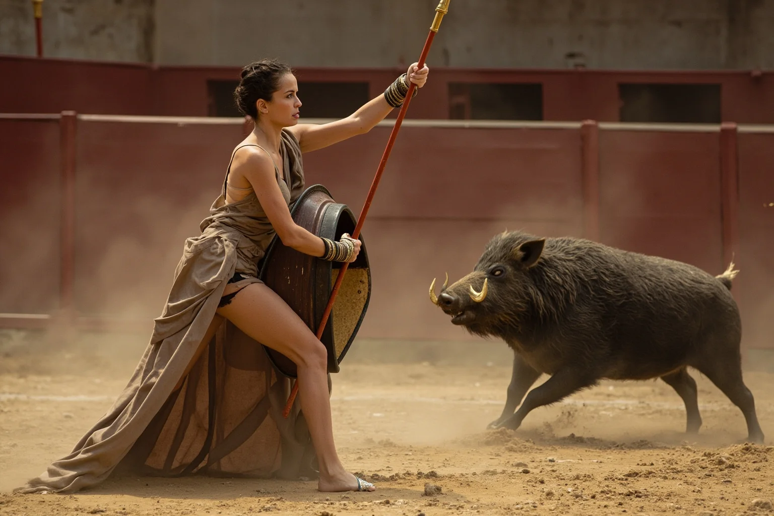 Yes, Female Gladiators Existed — And Here's Everything You Need to Know About Them 12 A woman holding a spear and facing a wild boar in a Roman arena, representing the venator Mevia