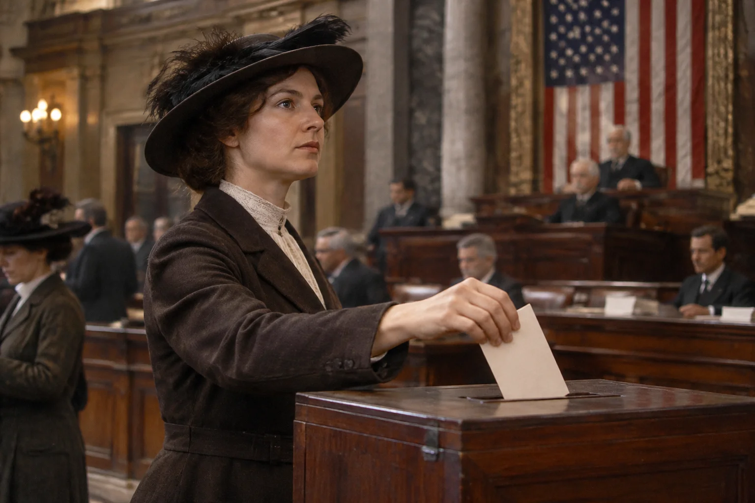A woman in a 1917 congressional setting, casting a vote, looking determined, safe for work.