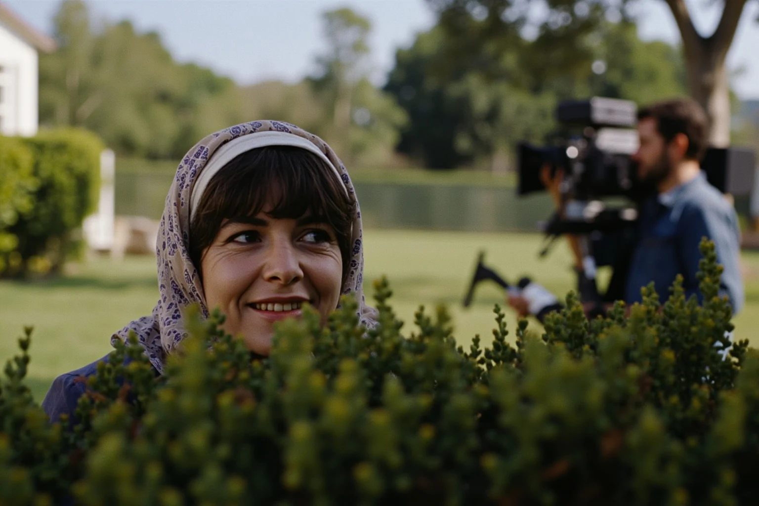 Facts You Didn't Know About Queen Elizabeth II, the World's Second-Longest Reigning Monarch 13 A woman in a headscarf hiding behind a large garden bush with a camera crew blurred in the background, 1980s documentary style