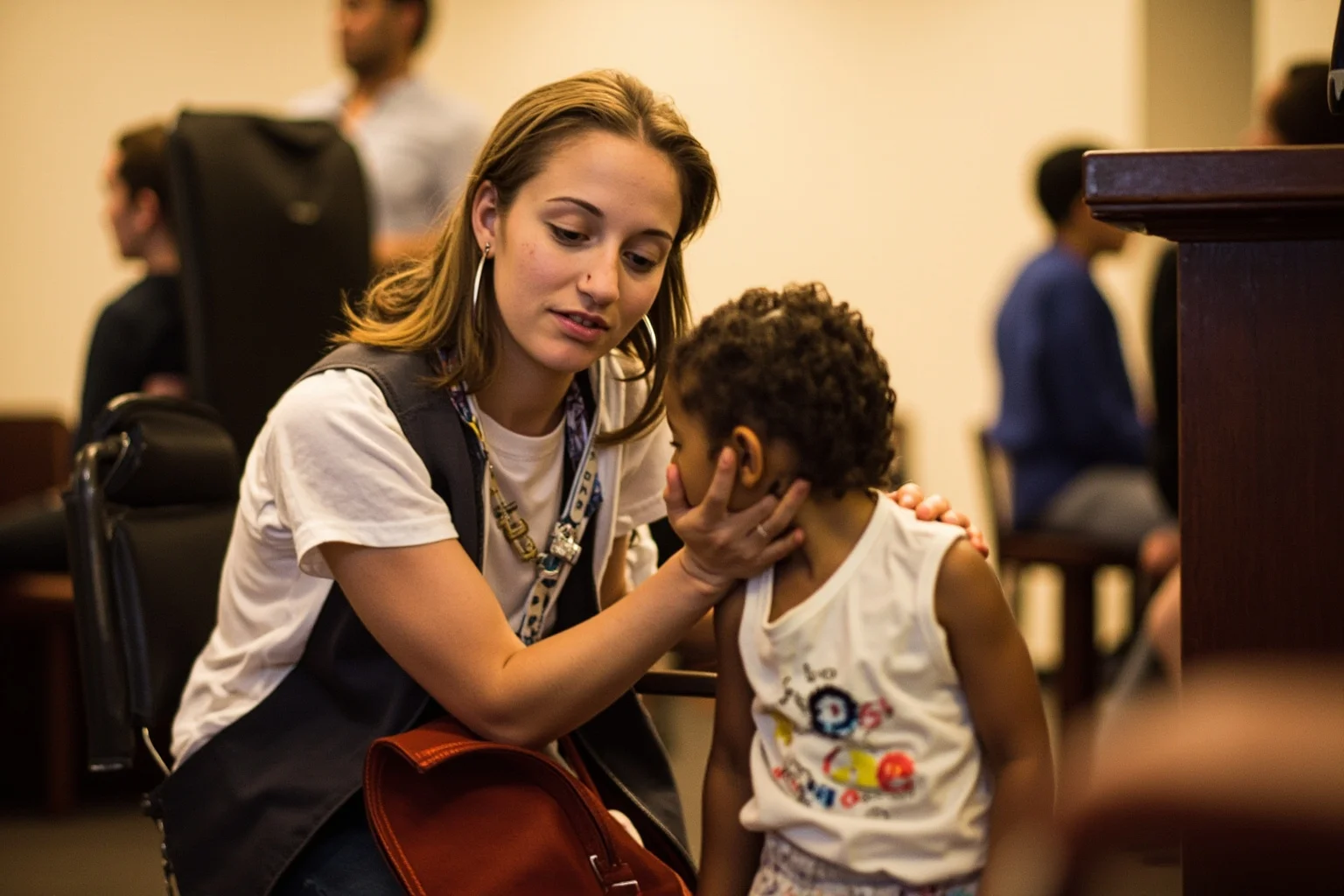 Things To Learn About The Beloved Princess Diana 18 A woman kneeling to speak with a child at eye level in a community hall, faces not visible, warm indoor light.