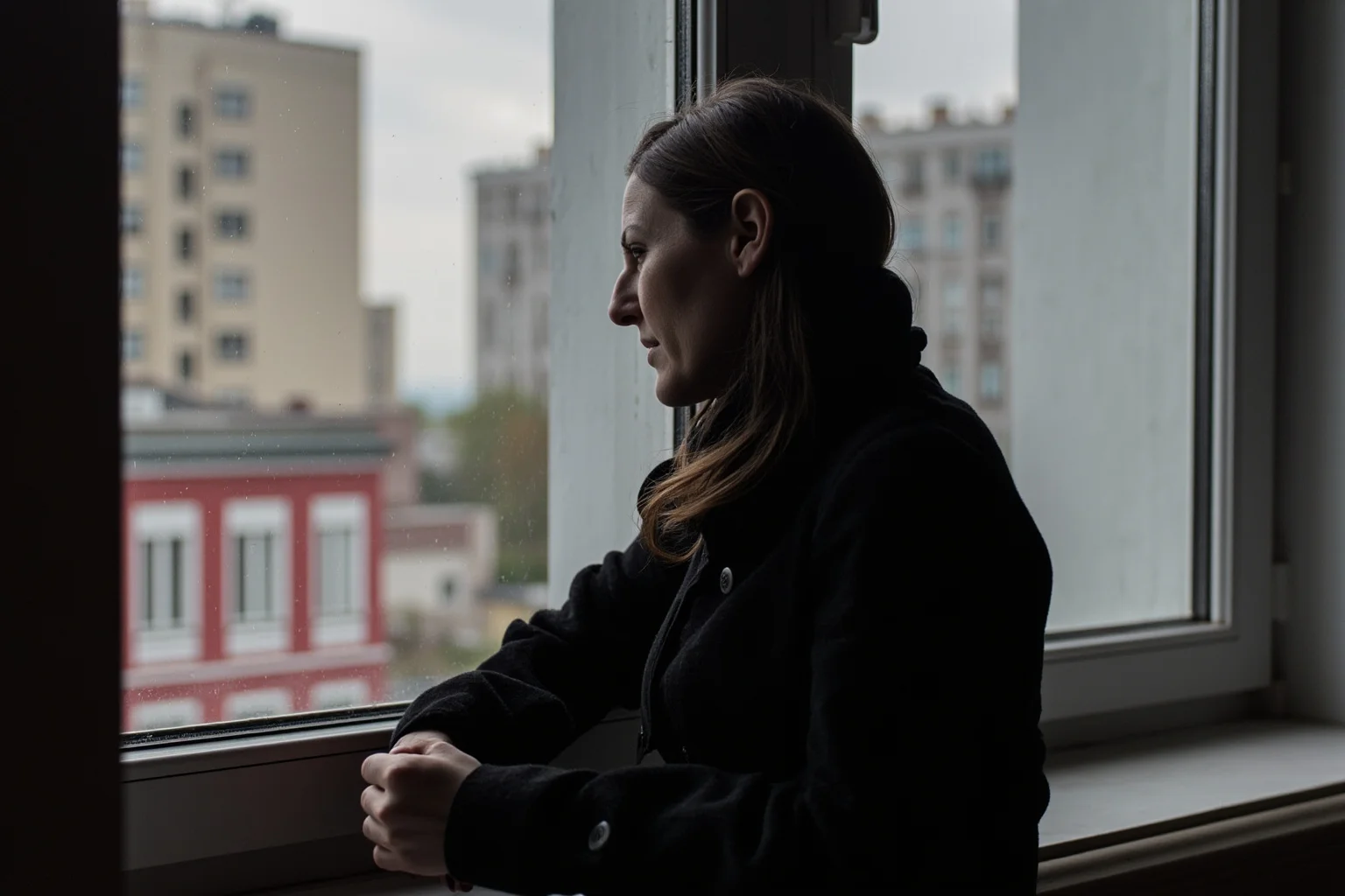 A woman looking out a window in a Moscow apartment, sad.