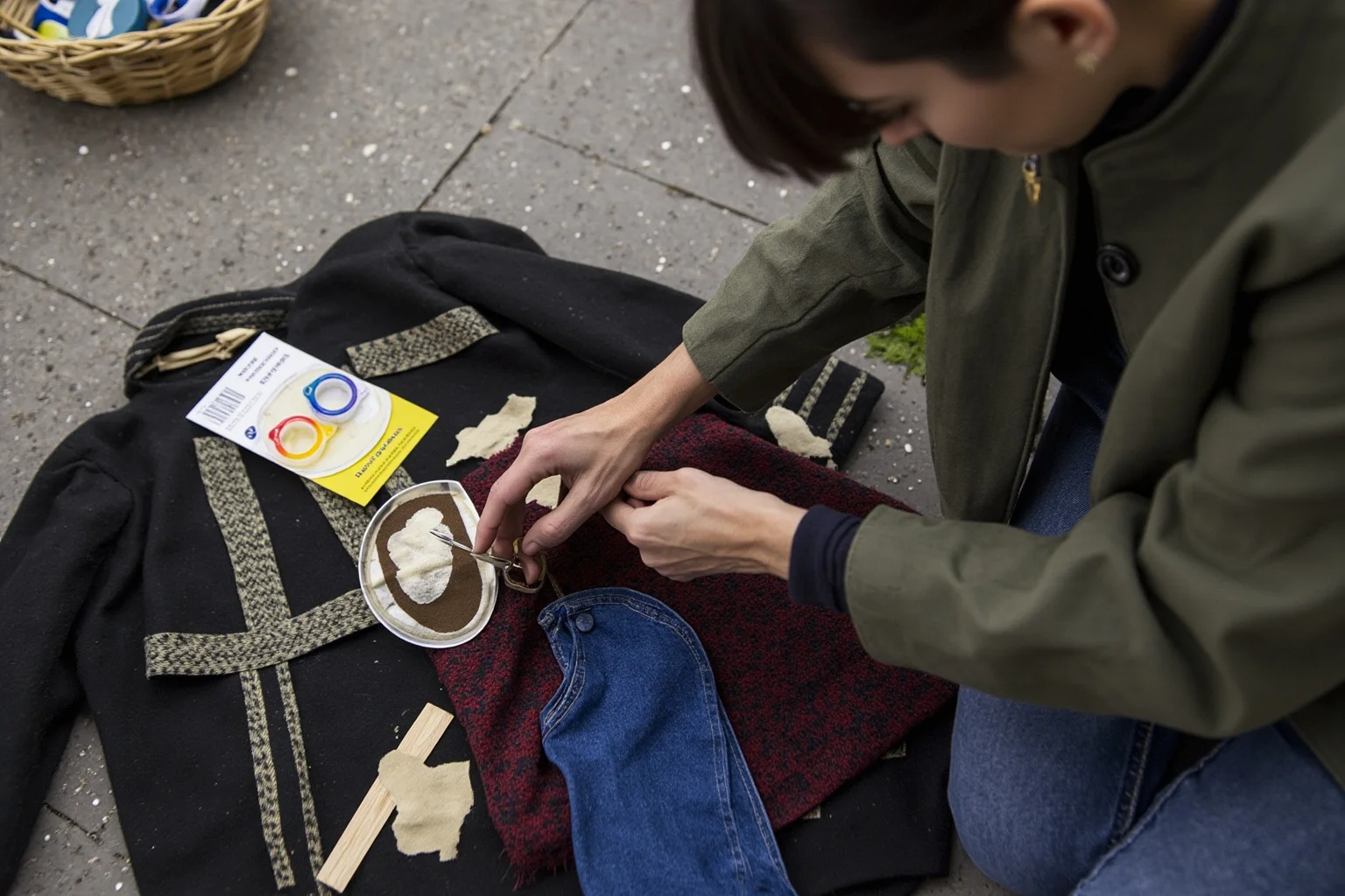 A woman sewing patches onto a worn coat, with a basket of mending supplies beside her.