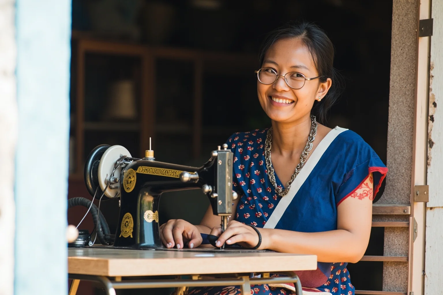 A woman working at a sewing machine in a small home workshop, contributing to family income.