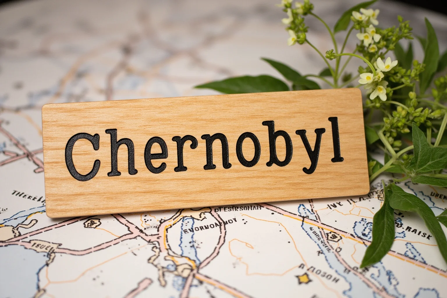A wooden sign or map with the word 'Chernobyl' and a wormwood plant, exploring the meaning of the name, educational style.