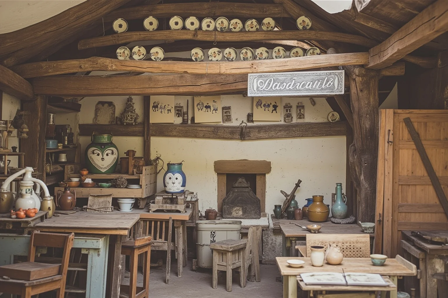 A workshop in a southern French pottery with painted plates, jugs shaped like owls and bulls, etching plates and a printing press